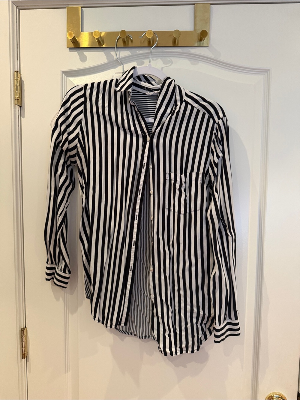 Jane and Delancey Black and White Vertical Stripe Button-Up Shirt